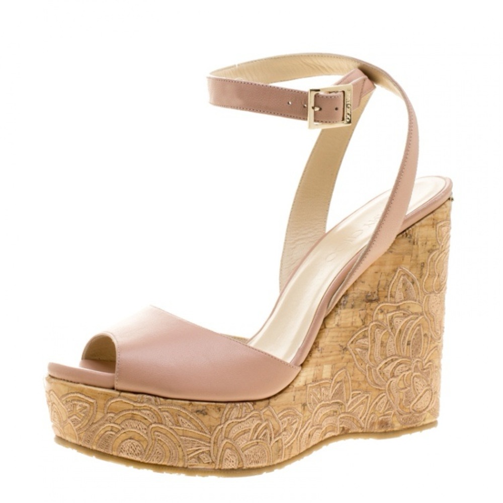 Jimmy Choo Pink Leather Cork Embroidered Wedge Sandals